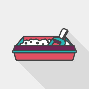 Evde beslenen hayvan kedi çöp kutusu düz simgesiyle uzun gölge, eps10