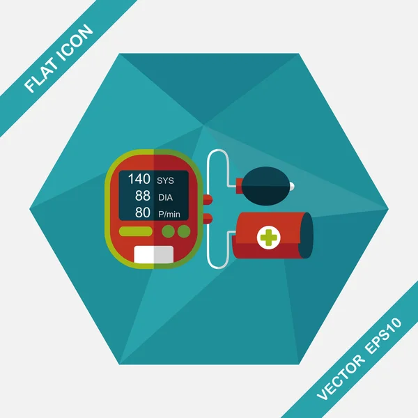 Blutdruckmessgerät Blutdruck flaches Symbol mit langem Schatten, Eps10 — Stockvektor