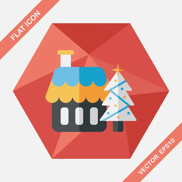 Xmas tree and house flat icon with long shadow,eps10 — Stock Vector