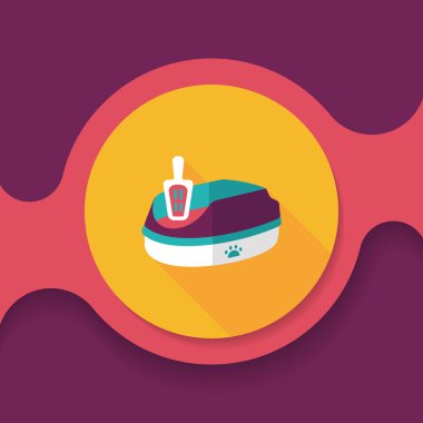 Evde beslenen hayvan kedi çöp kutusu düz simgesiyle uzun gölge, eps10