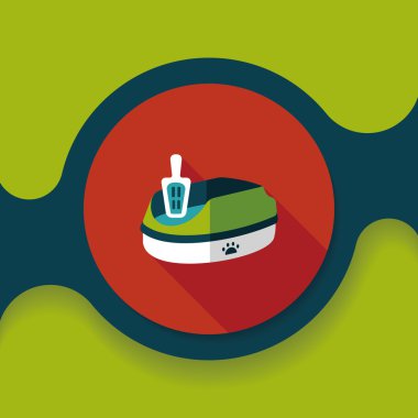 Evde beslenen hayvan kedi çöp kutusu düz simgesiyle uzun gölge, eps10