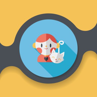 Evde beslenen hayvan kedi ve çocuk dostluk düz simgesi ile uzun gölge, eps10