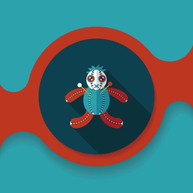 Cadılar Bayramı Vudu bebeği düz simgesi ile uzun gölge, eps10