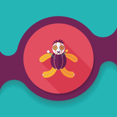 Cadılar Bayramı Vudu bebeği düz simgesi ile uzun gölge, eps10