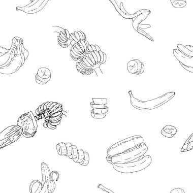 Farklı açılardan muzlarla el çizimi kusursuz desen. Vektör İllüstrasyonu, beyaz arkaplanda izole.