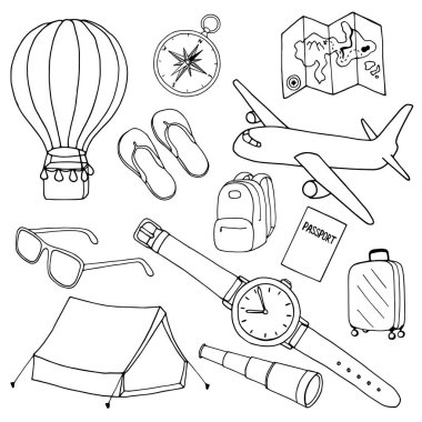 Beyaz arka planda elle çizilmiş seyahat öğeleri. Vektör illüstrasyonu.