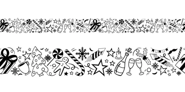 Skissera Handritade Klotter Gränsmönster Med Föremål Och Symboler Nyår Och — Stock vektor