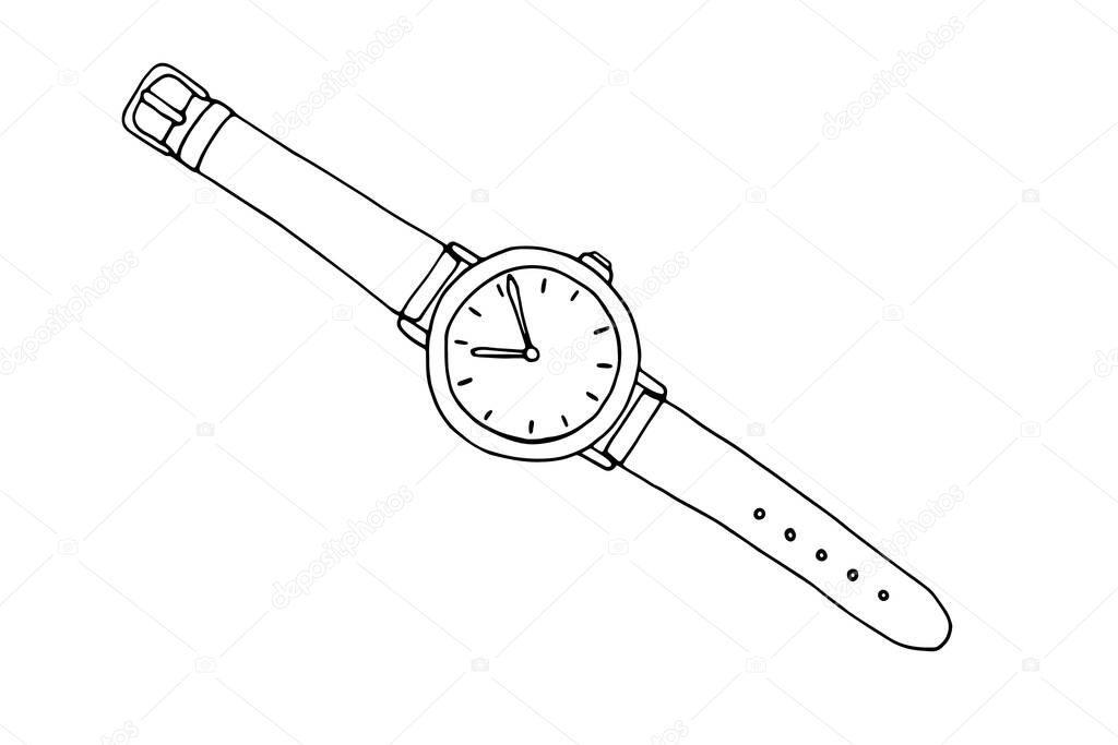 Outline image of a watch. Hand drawn doodle illustration, black image on white background. Linear art. Vector illustration.
