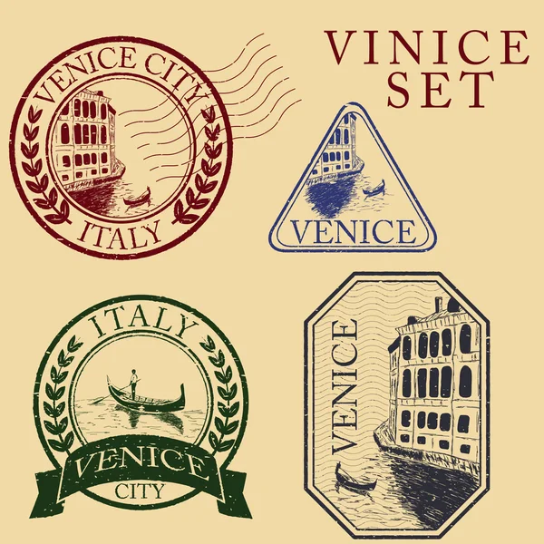 Les rues de Venise. Jeu de timbres — Image vectorielle