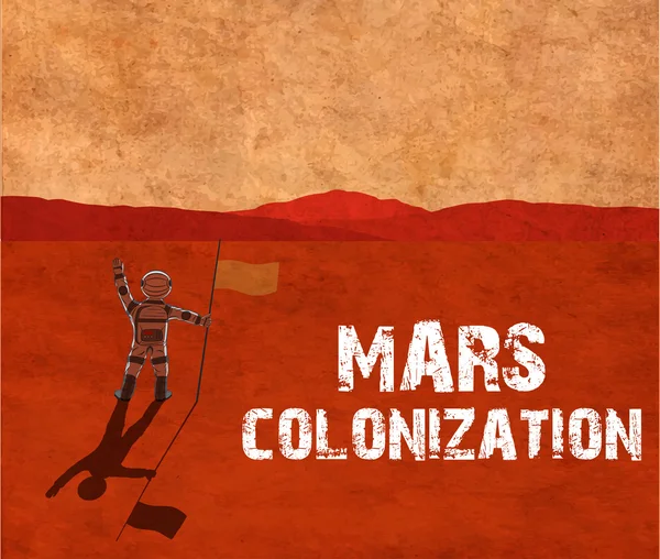 Colonización de Marte. Astronauta en el planeta — Vector de stock