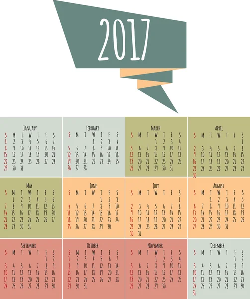 Kalender 2017. Week begint zondag — Stockvector
