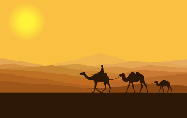 Караван с верблюдами в пустыне с горы на заднем плане. Векторная иллюстрация
