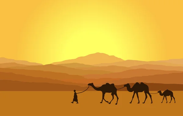 Caravana con camellos en el desierto con montañas en el fondo. Ilustración vectorial — Vector de stock