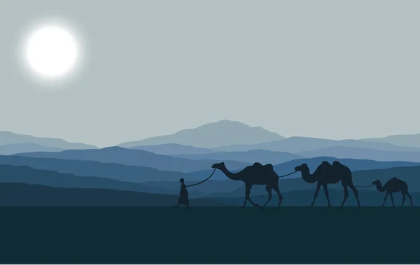 Caravan with camels in desert with mountains on background. Vector illustration — Stock Vector