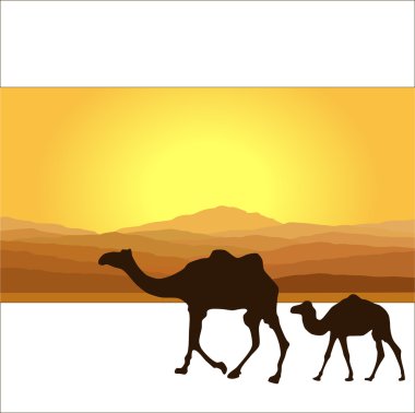 Karavan arka plan üzerinde Dağları ile Çölde deve ile. Vektör çizim