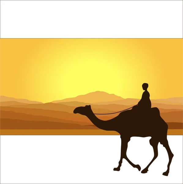 Caravan with camels in desert with mountains on background. Vector illustration — Stock Vector