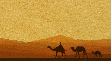 Karavan arka plan üzerinde Dağları ile Çölde deve ile. Vektör çizim