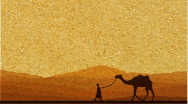 Karavan arka plan üzerinde Dağları ile Çölde deve ile. Vektör çizim