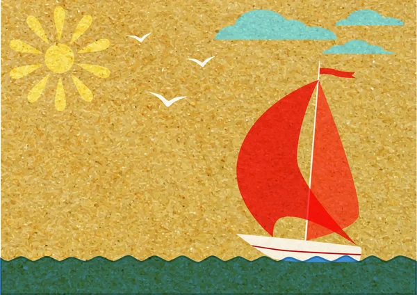 晴朗的一天，一艘帆船在海上山的背景上 — 图库矢量图片