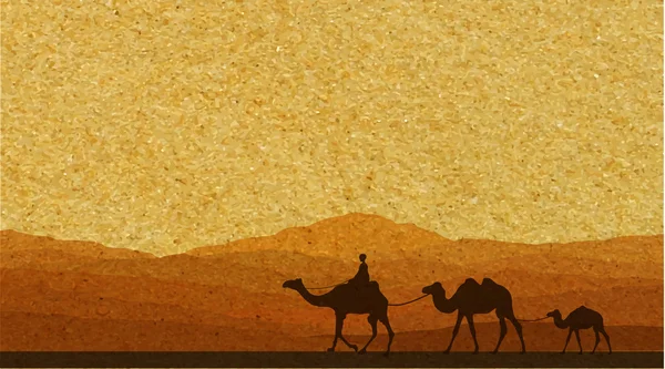 Caravana con camellos en el desierto con montañas en el fondo. Ilustración vectorial — Archivo Imágenes Vectoriales