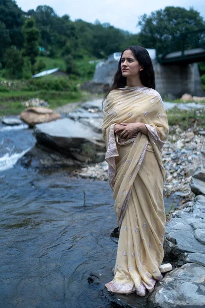 Hermosa Joven Modelo India Vestida Con Saree Tradicional Pie Frente — Foto de Stock