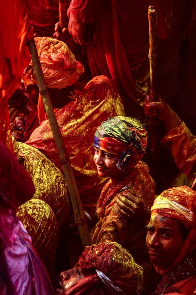 Barsana Uttar Pradesh Índia Fevereiro 2021 Povo Índia Celebrando Holi — Fotografia de Stock