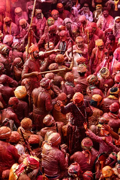 Barsana Uttar Pradesh Índia Fevereiro 2021 Povo Índia Celebrando Holi — Fotografia de Stock