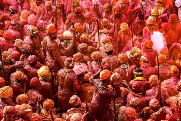 Barsana Uttar Pradesh Índia Fevereiro 2021 Povo Índia Celebrando Holi — Fotografia de Stock