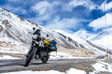 Ladakh, India - April 2 2020 - Adventure Himalayan Royal Enfield Bike on the roads of Ladakh. clipart