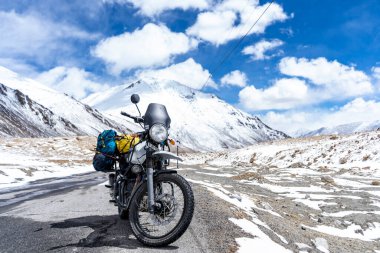 Ladakh, India - April 2 2020 - Adventure Himalayan Royal Enfield Bike on the roads of Ladakh. clipart