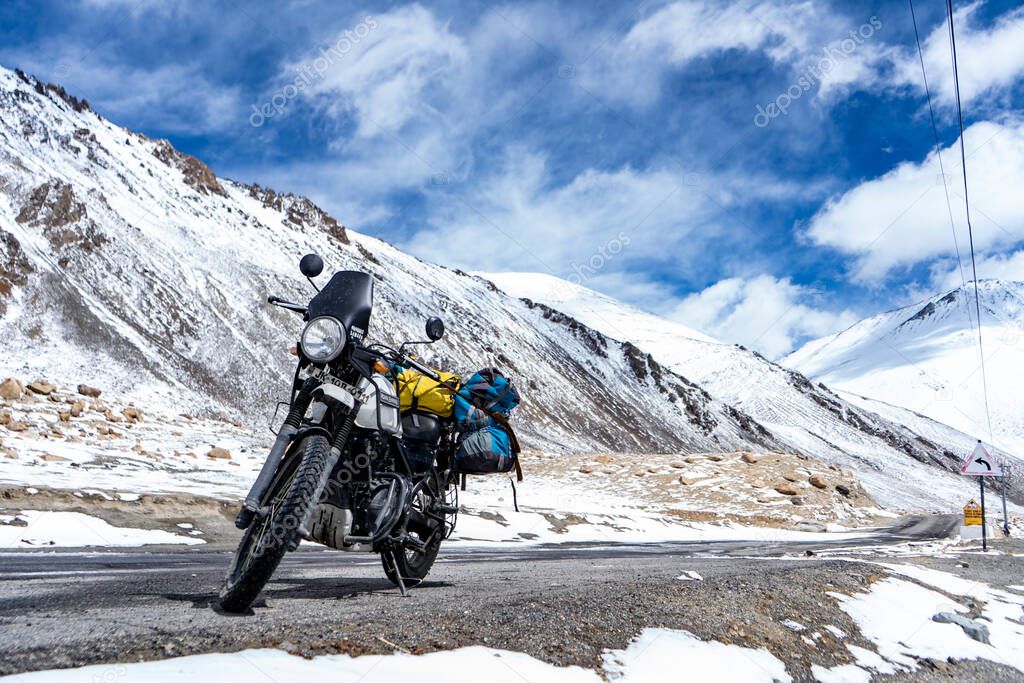 Ladakh, India - April 2 2020 - Adventure Himalayan Royal Enfield Bike on the roads of Ladakh.