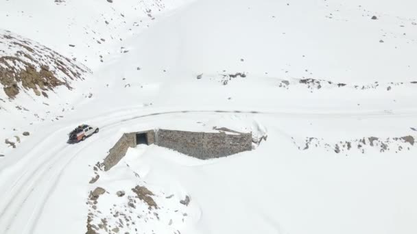 Aerial Top View Drone Camper Vehicle Driving Snowy Ice Road — Stock Video