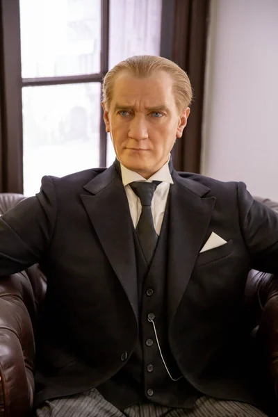 Thessaloniki / Greece, May 09 2019: Wax sculpture of Turkish national hero Mustafa Kemal Ataturk sitting in an armchair in the house he was born in which is the Ataturk Museum now.