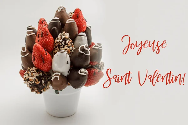 Glückliche Glückwunschkarte Zum Valentinstag Auf Französisch Mit Rotem Schriftzug Joyeuse — Stockfoto