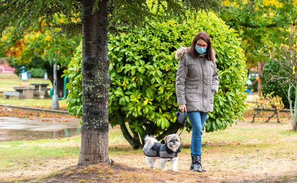 Yağmurda köpeğiyle parkta yürüyen bir kadın.