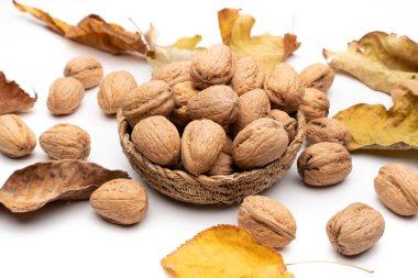 Beyaz arka planda cevizler kuru yapraklarla çevrili.