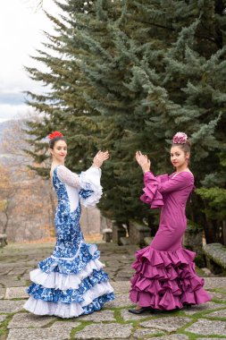 Flamenko kadın tipik Endülüs kostümü ile dans ediyor. İspanya