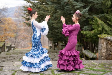 Flamenko kadın tipik Endülüs kostümü ile dans ediyor. İspanya