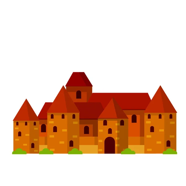 Medieval fortress with towers and walls. Trakai castle. Lithuanian tourist attraction. Old European city. Historical building of knight. Red house. Flat cartoon
