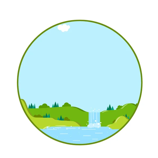 Natural landscape in the logo circle. Waterfall and pond with green hill and forest. Summer view. A place for tourist recreation. Cartoon flat illustration