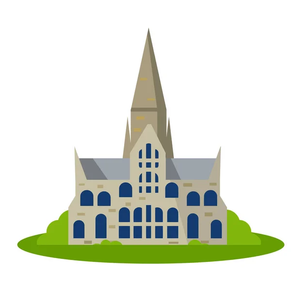 Salisbury Cathedral of virgin Mary. Gothic Church in England. Anglican religious building. Landmark of medieval city. Flat cartoon