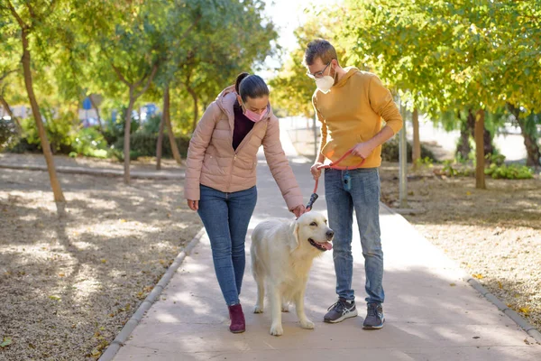 Casal branco jovem em máscaras cirúrgicas médicas que mantêm passeios com o cão na floresta de verão. família, europa, abraços, coronavírus, doença, infecção, quarentena, vírus, animal de estimação isolamento doméstico — Fotografia de Stock