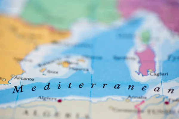 Ondiepe Scherptediepte Geografische Kaart Van Ligging Van Middellandse Zee Voor Rechtenvrije Stockafbeeldingen