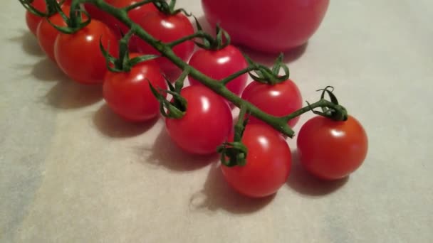 Dois tomates grandes e tomates de cereja em ramos fecham-se em um contexto bege — Vídeo de Stock