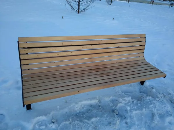 木製のベンチとゴミ箱は冬の都市公園にあります — ストック写真