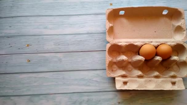 Une main de femme prend un œuf beige dans une boîte à œufs — Video