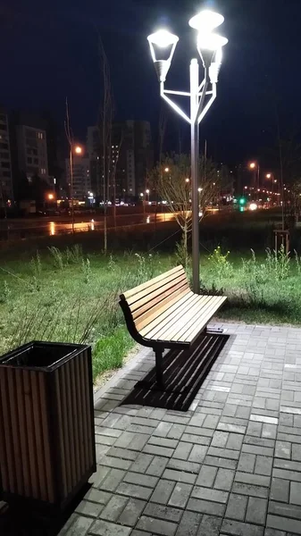 散歩道、ベンチ、ランタンを望む夕方の街の公園 — ストック写真