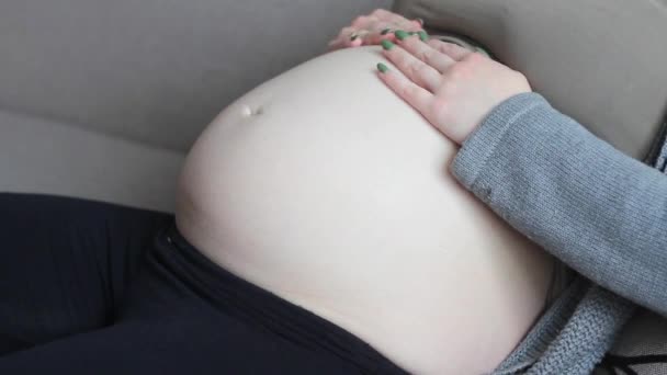 Een Jonge Zwangere Europese Vrouw Streelt Haar Grote Naakte Buik — Stockvideo