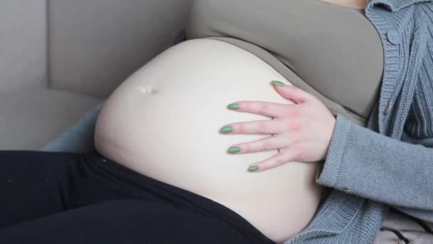 年轻的 未来的妈妈和爸爸正在抚摸一个怀孕的赤身裸体的肚子 关心和爱护父母的概念 — 图库视频影像