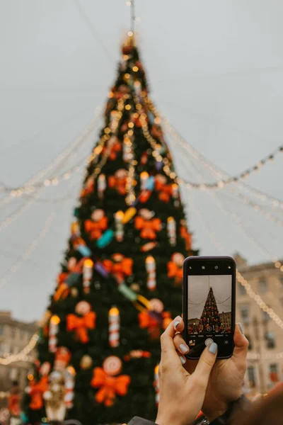 Fotografowanie Choinki Przez Telefon — Zdjęcie stockowe